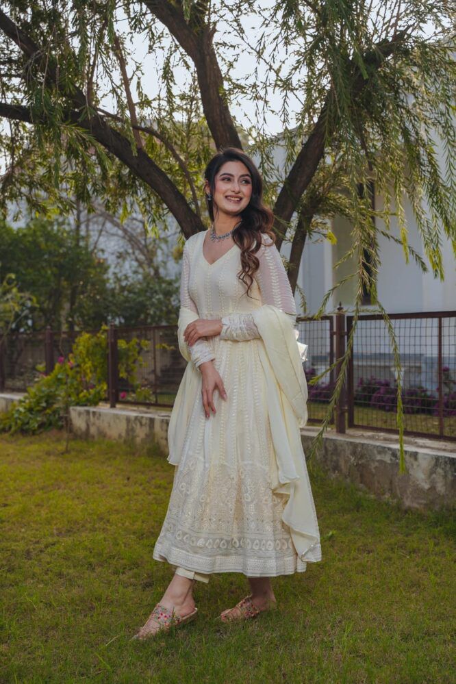 Off White Faux Georgette  Embroidered Anarkali Suit- Festive Wear