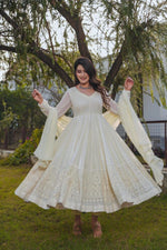 Off White Faux Georgette  Embroidered Anarkali Suit- Festive Wear