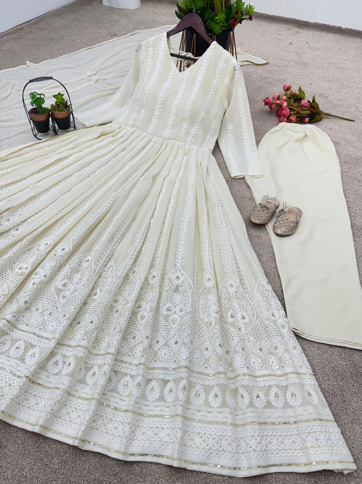 Off White Faux Georgette  Embroidered Anarkali Suit- Festive Wear