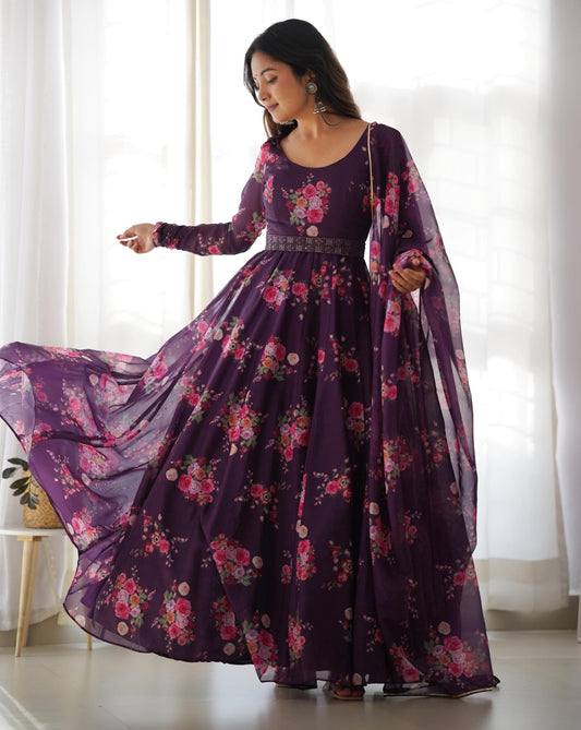 Floral Purple Printed Organza Anarkali Suit With Waist Belt