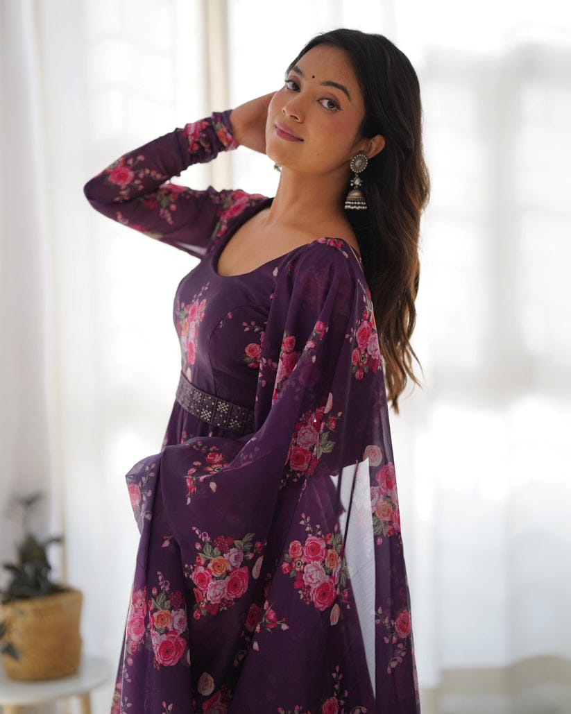 Floral Purple Printed Organza Anarkali Suit With Waist Belt