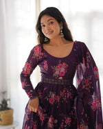 Floral Purple Printed Organza Anarkali Suit With Waist Belt