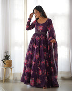 Floral Purple Printed Organza Anarkali Suit With Waist Belt