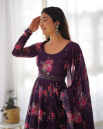 Floral Purple Printed Organza Anarkali Suit With Waist Belt