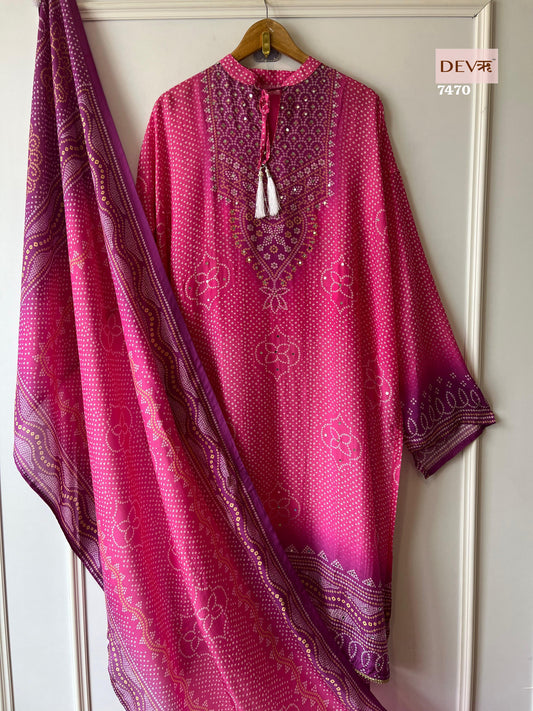 Chinon Silk Printed  Kurta ,Pant &  Dupatta With Real Mirror Hand Work