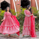 Red Georgette Embroidered Multi Needle Work Gown