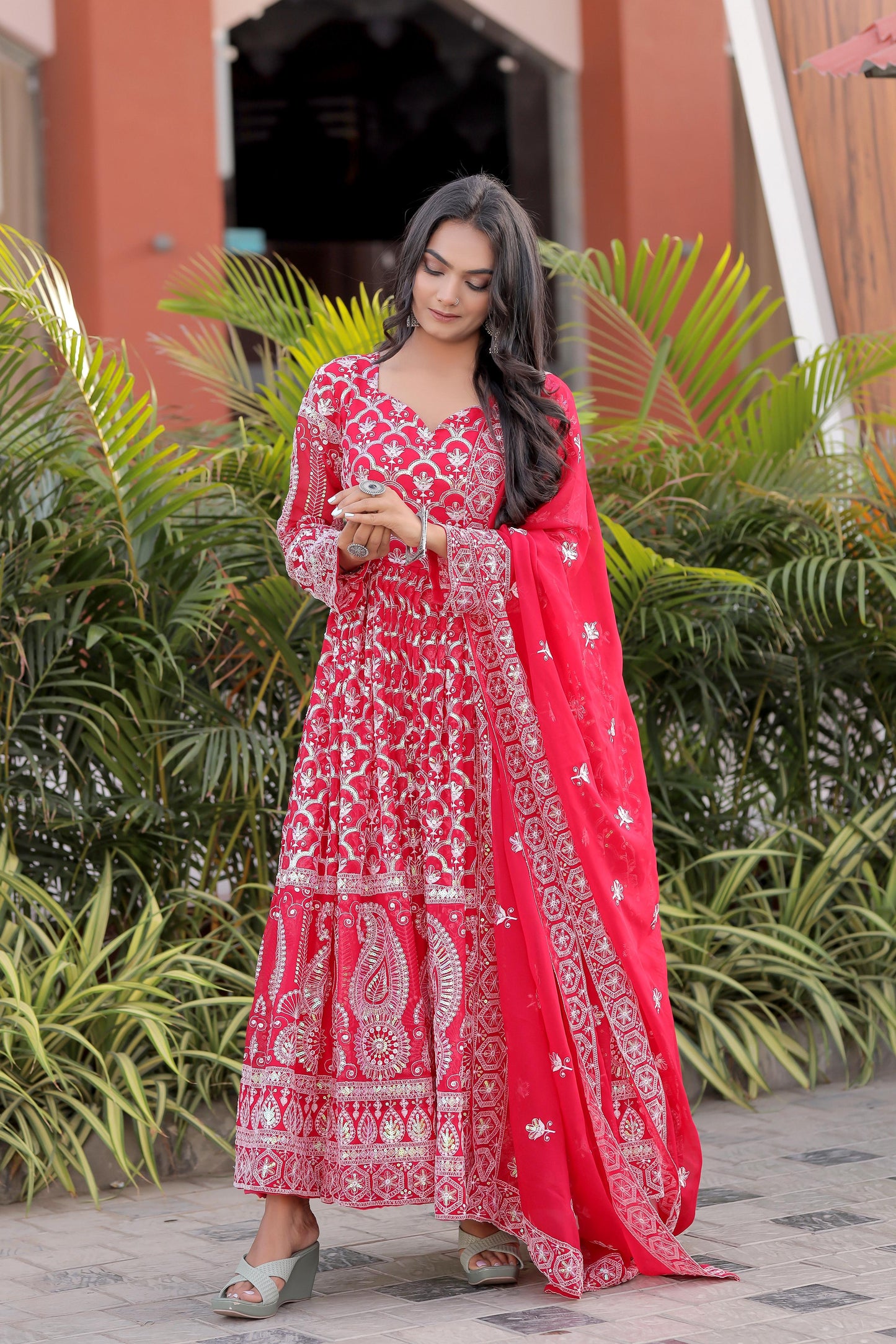 Red Georgette Embroidered Multi Needle Work Gown