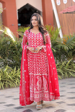 Red Georgette Embroidered Multi Needle Work Gown