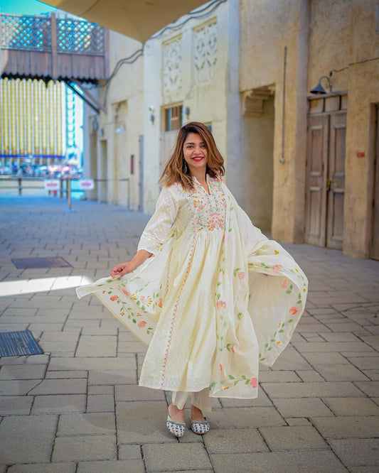 White Embroidered High Slit A-Line Nyra Cut Kurta With Pants & Dupatta