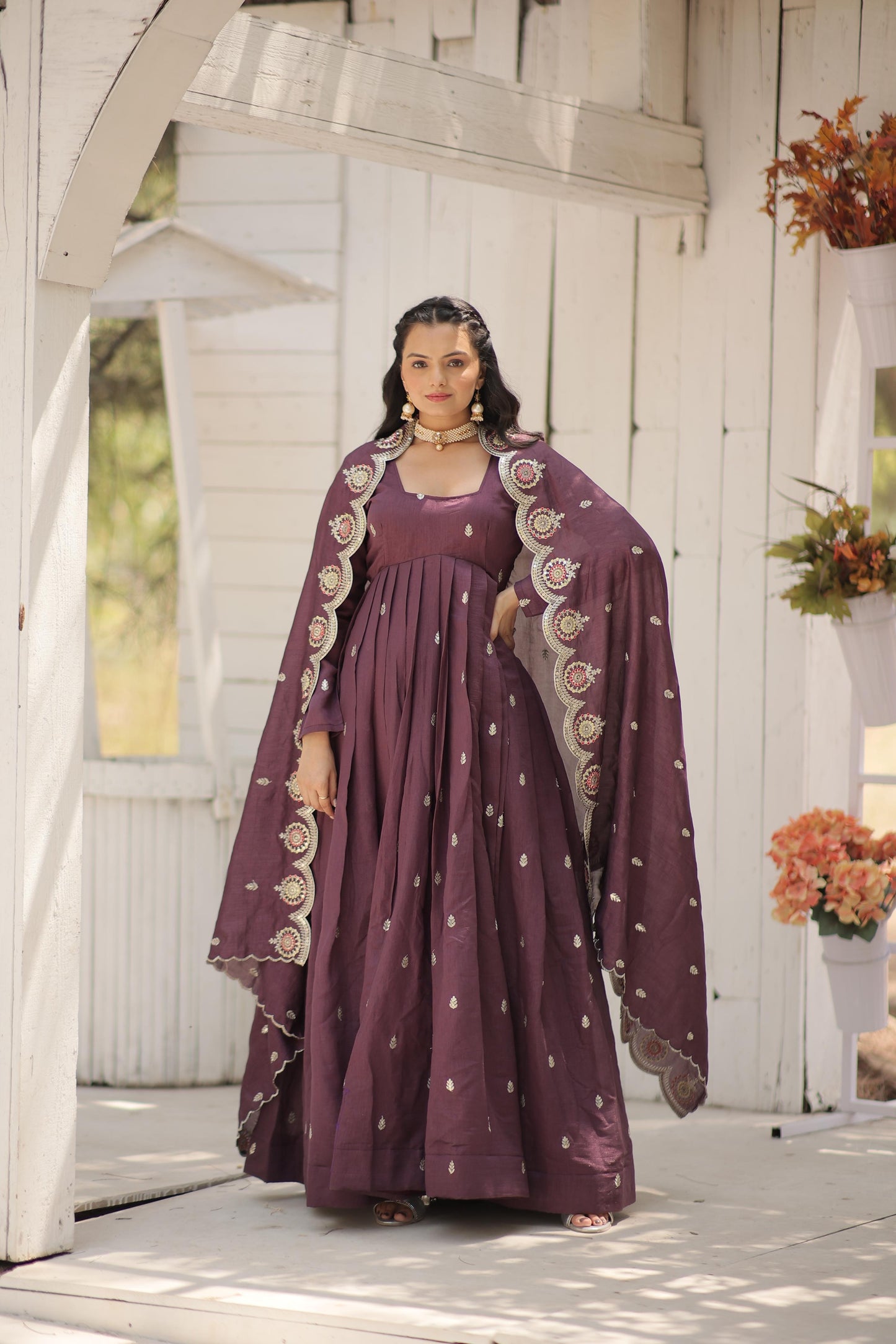 Vichitra Shimmer Embroidered with  Arco-cut Work Anarkali Suit