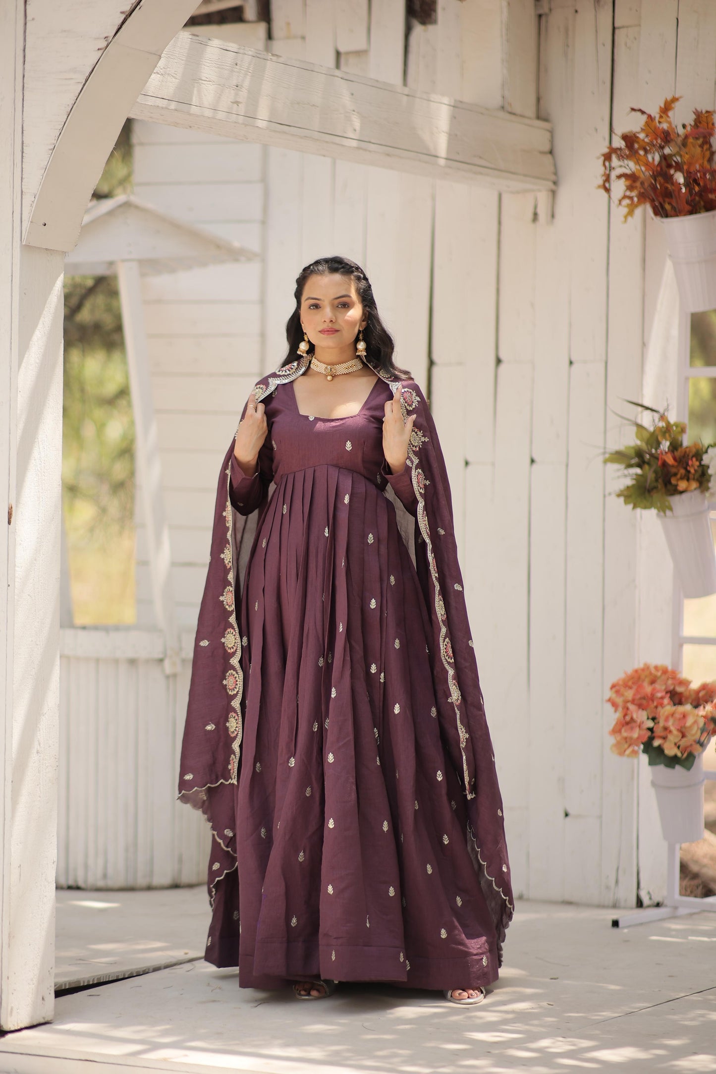 Vichitra Shimmer Embroidered with  Arco-cut Work Anarkali Suit