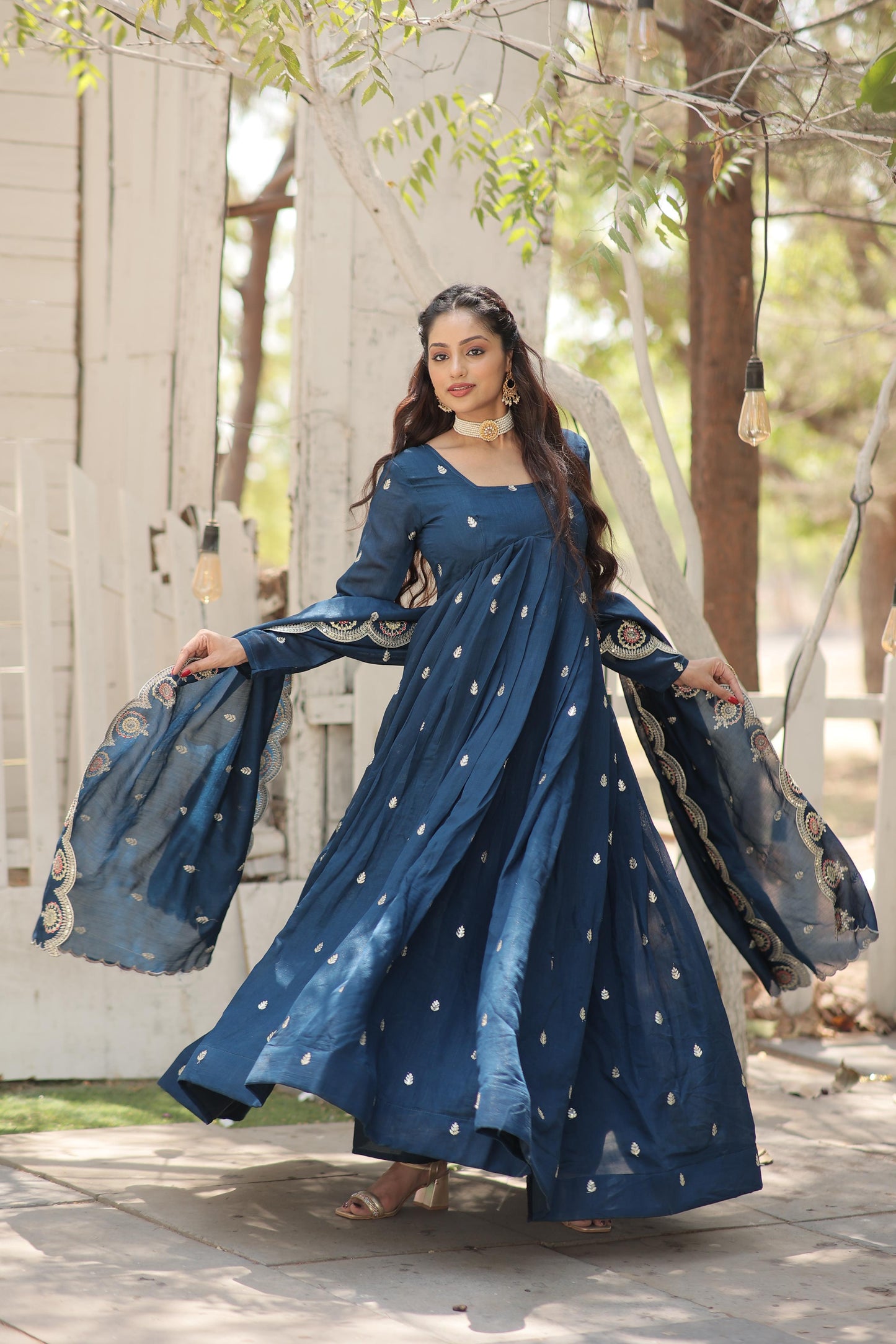 Vichitra Shimmer Embroidered with  Arco-cut Work Anarkali Suit