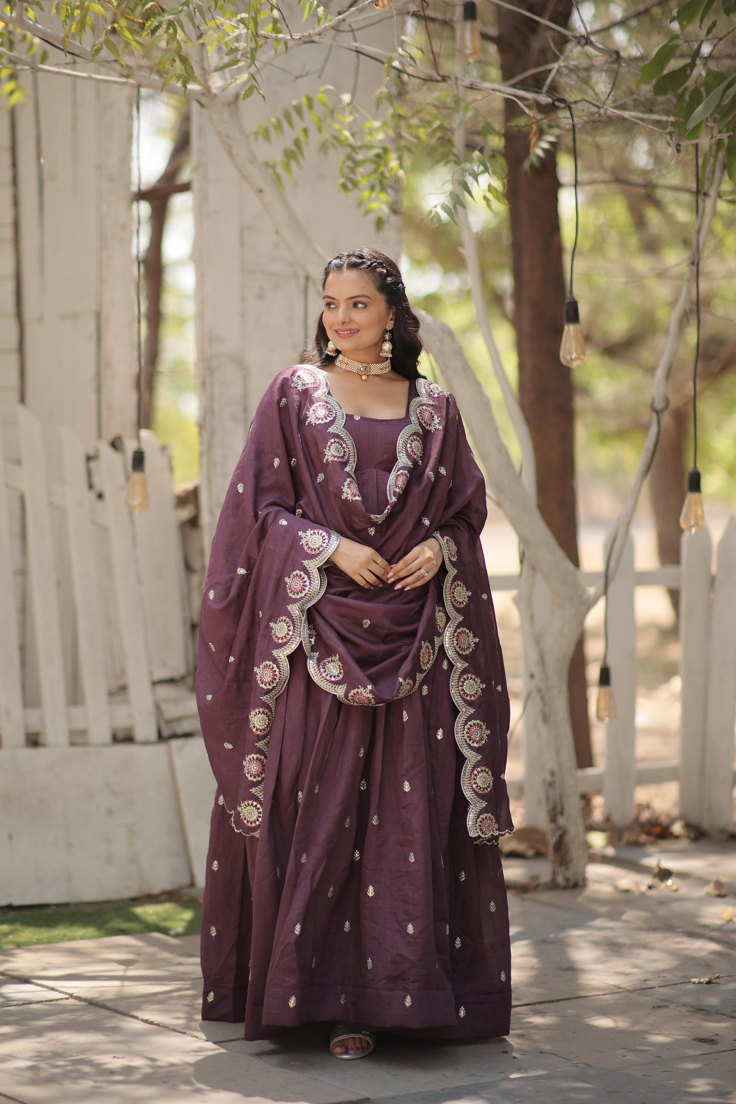 Vichitra Shimmer Embroidered with  Arco-cut Work Anarkali Suit