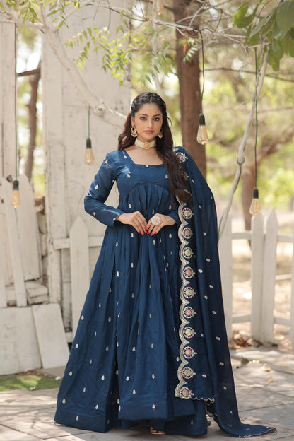 Vichitra Shimmer Embroidered with  Arco-cut Work Anarkali Suit