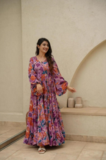 Mutlicoloured Floral Printed & Embroidered Maxi Dresst