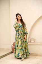 Mutlicoloured Floral Printed & Embroidered Maxi Dresst