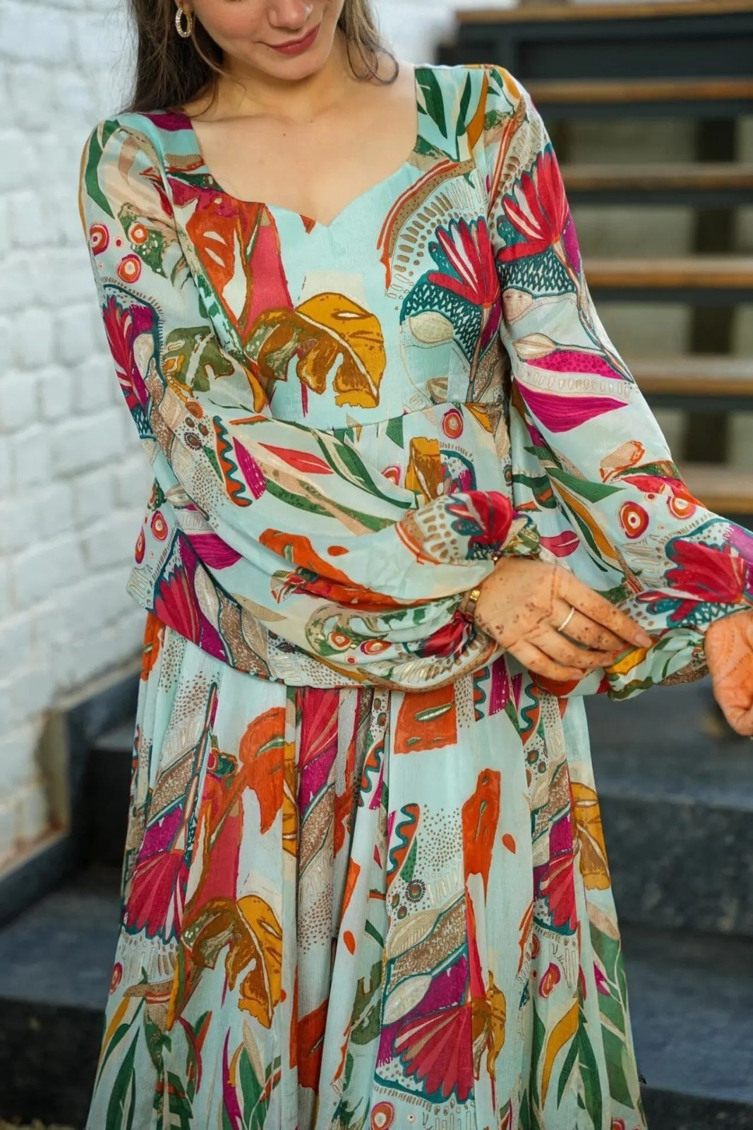 Mutlicoloured Floral Printed & Embroidered Maxi Dresst