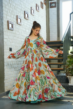 Mutlicoloured Floral Printed & Embroidered Maxi Dresst