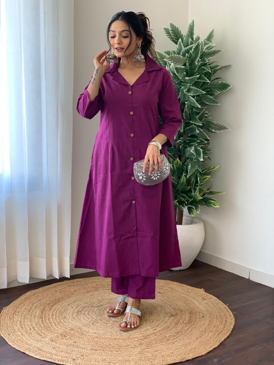 Hand loom Cotton FLex A-line Kurti  Pant Co-ord Set With Side Pockets