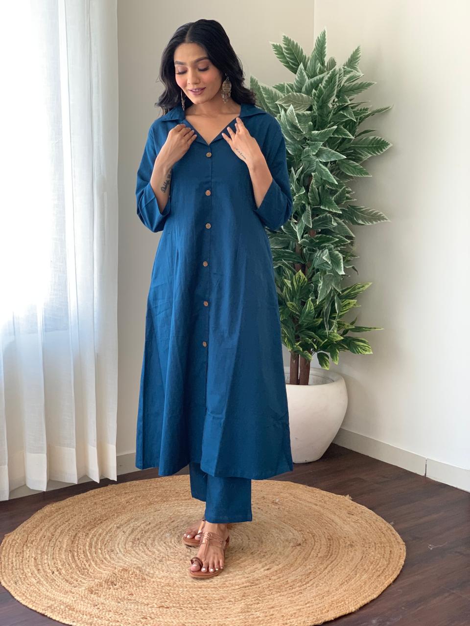Hand loom Cotton FLex A-line Kurti  Pant Co-ord Set With Side Pockets