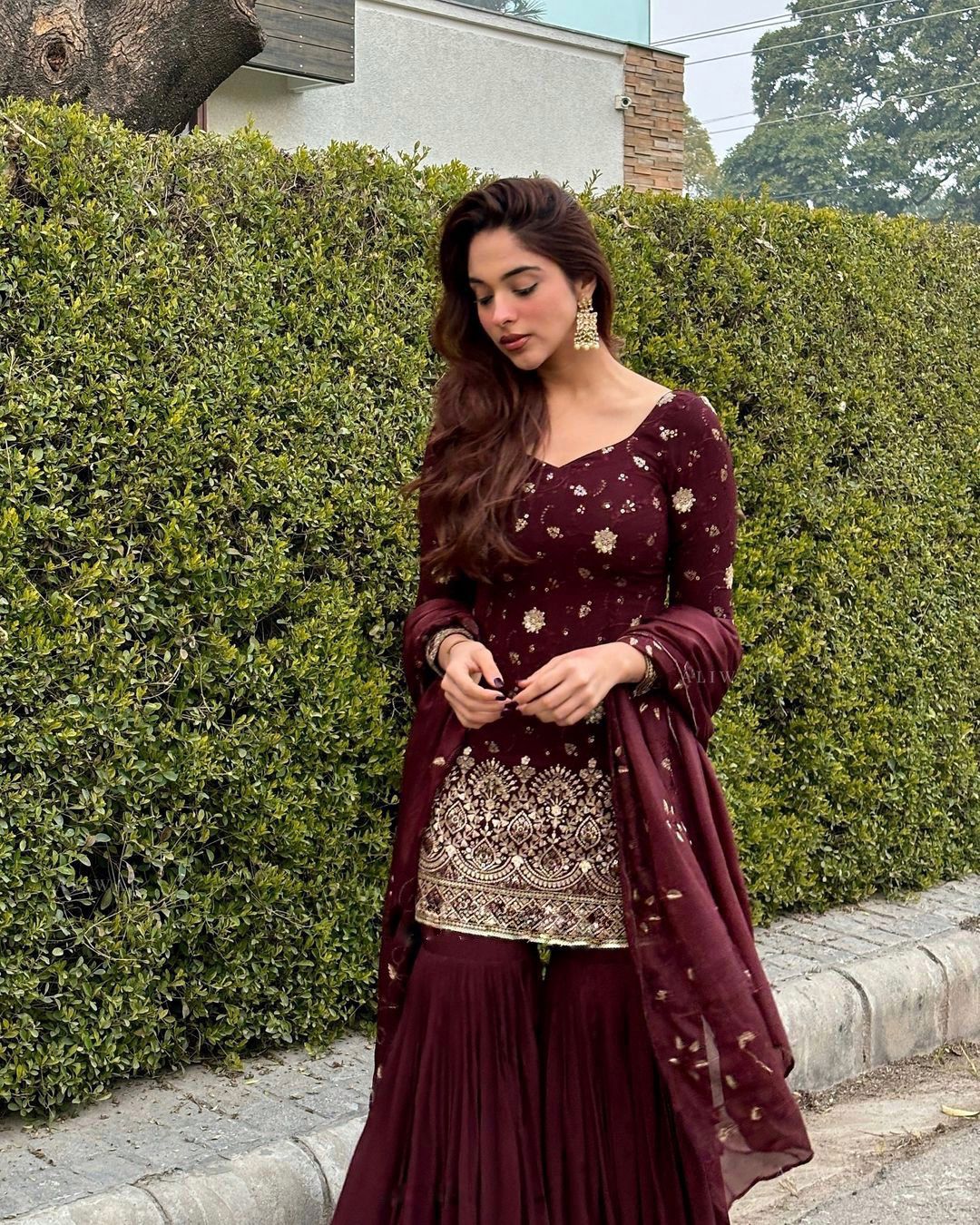 Maroon Georgette Embroidered Sharara Suit