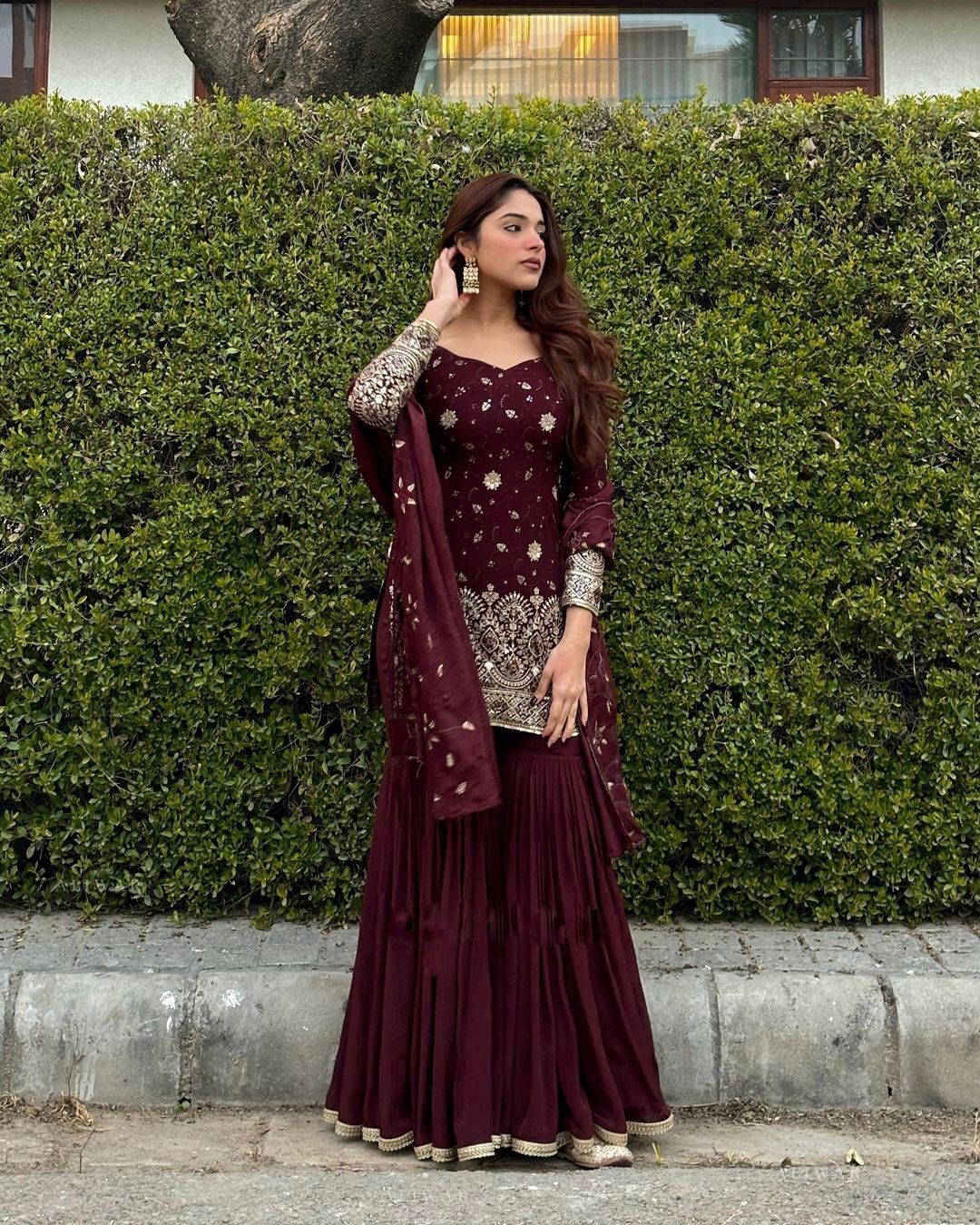 Maroon Georgette Embroidered Sharara Suit