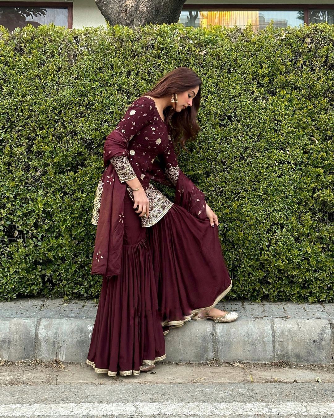 Maroon Georgette Embroidered Sharara Suit