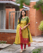 Kanchi Cotton Kurta Pant & Dupatta With Jacquard  Weaving