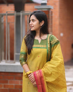 Kanchi Cotton Kurta Pant & Dupatta With Jacquard  Weaving