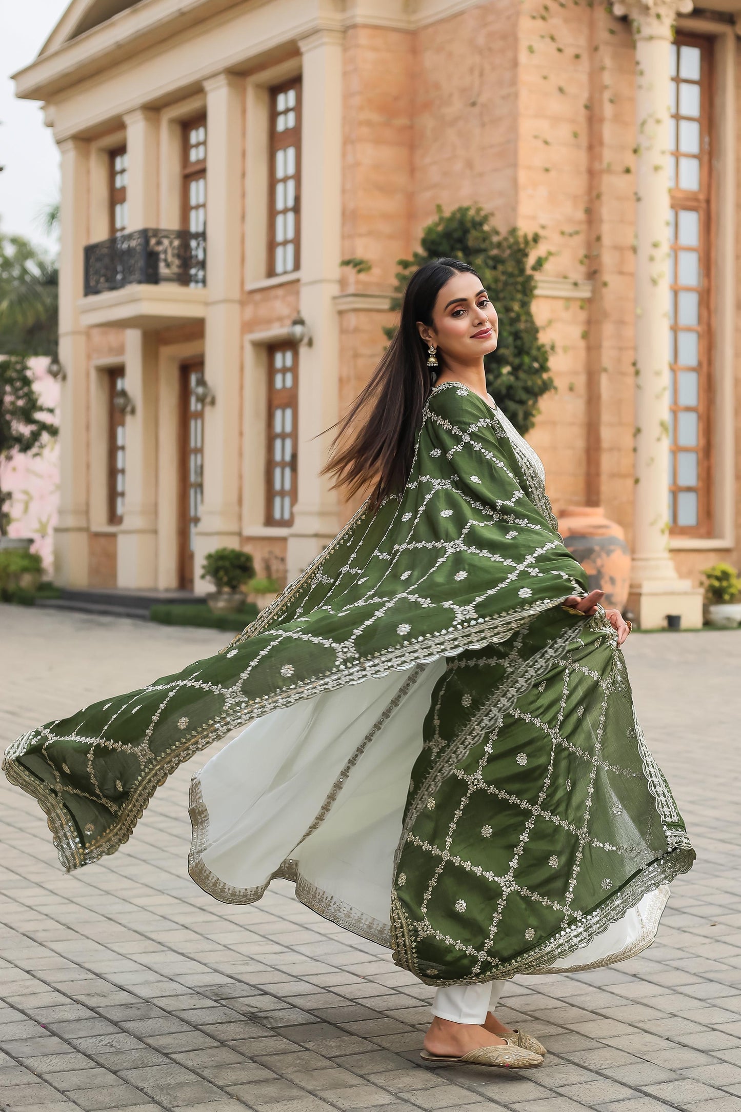 Chinon Silk Embroidered Sequence Work Anarkali Gown Bottom & Dupatta Set