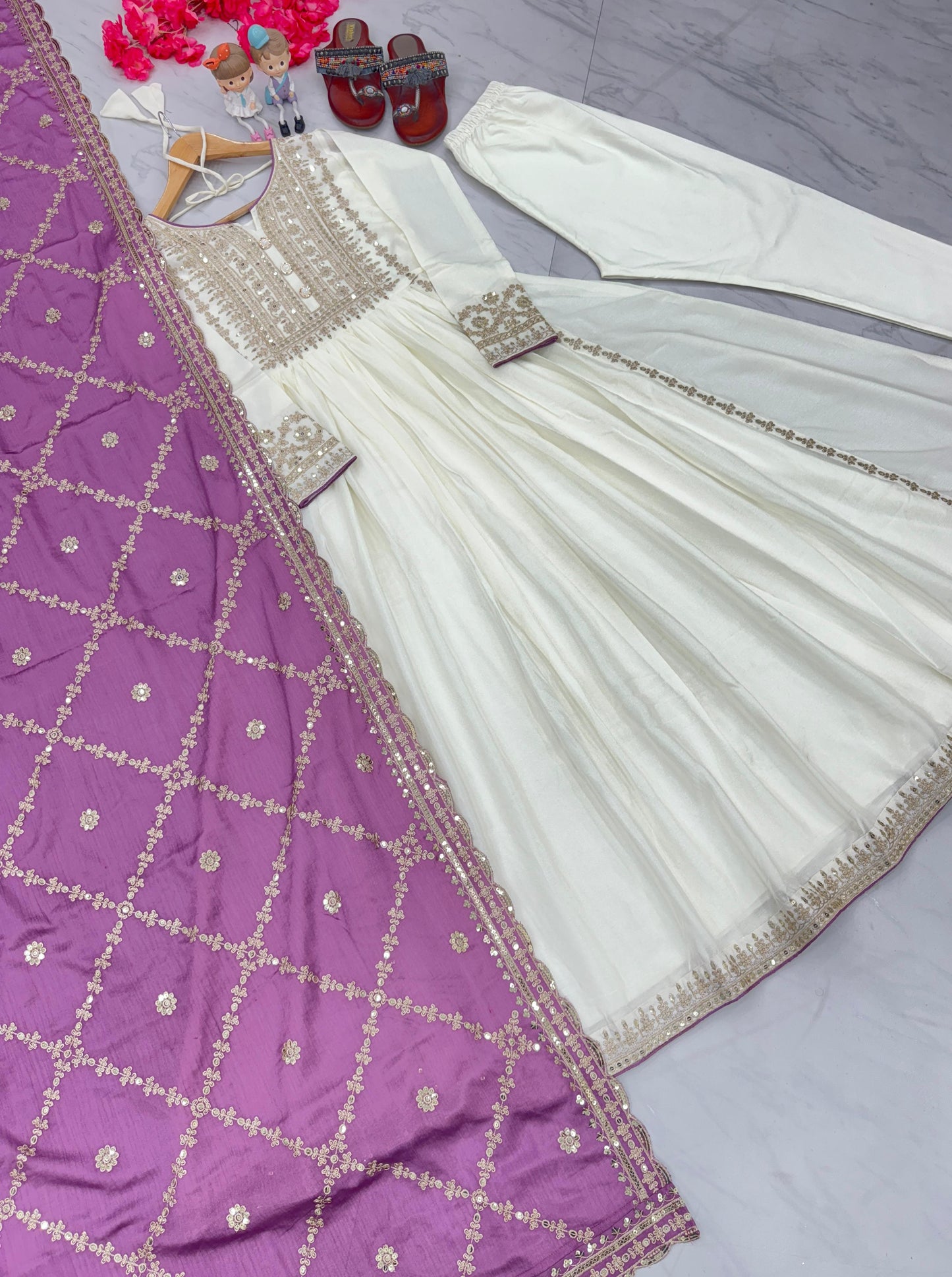 Chinon Silk Embroidered Sequence Work Anarkali Gown Bottom & Dupatta Set