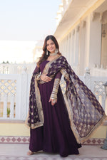 Faux Blooming Gown With Dupatta With Embroidered Sequins work & Lace Border