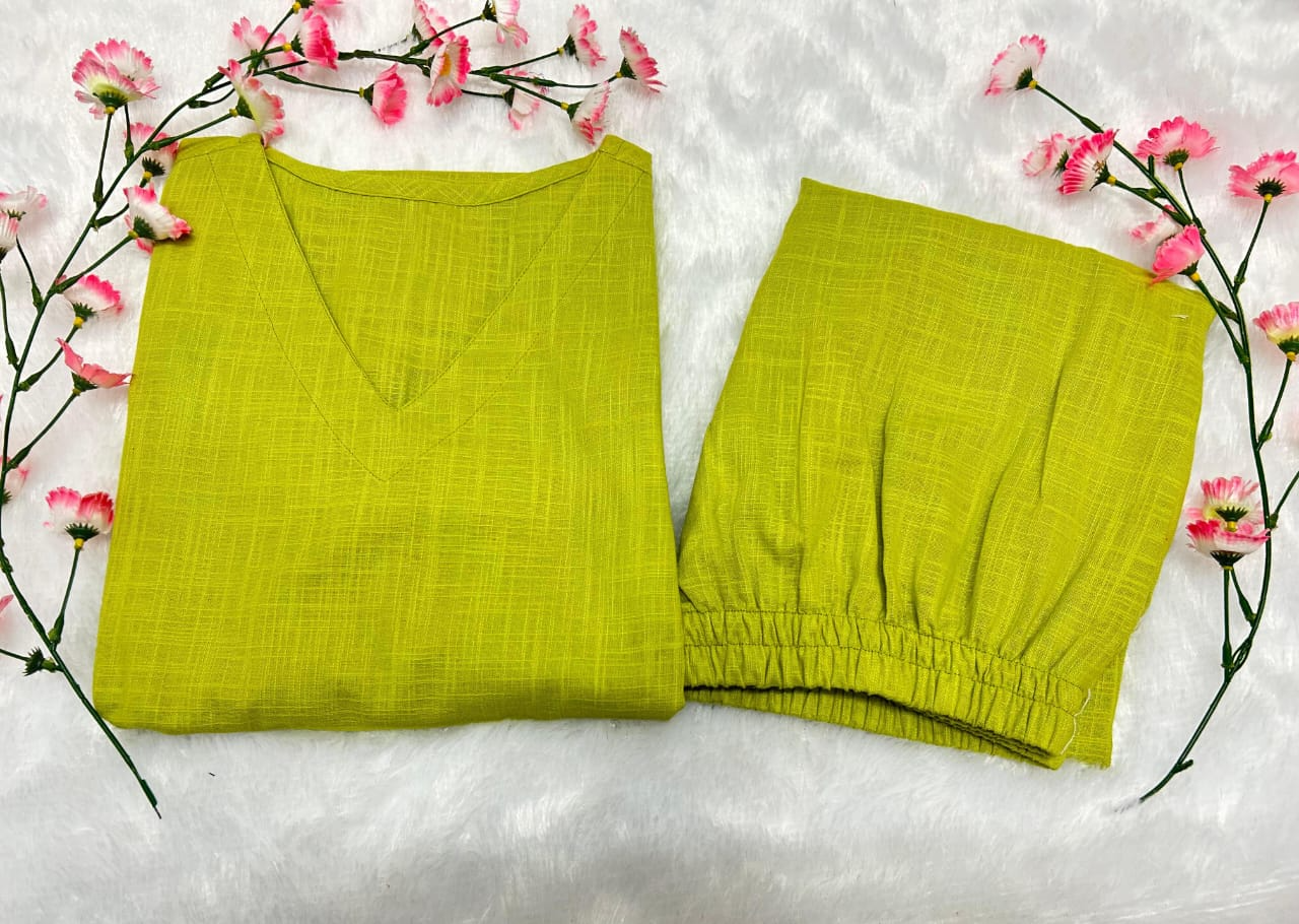 Canary Green Cotton Slub Casual Co- Ord Set