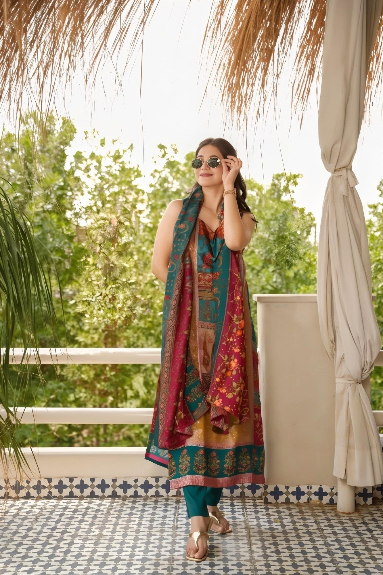 Organza Digital Printed A-line Kurta Pant & Dupatta