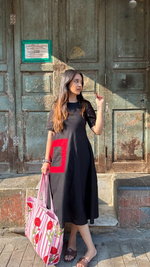 Black Cotton Elegant Dress With A Pocket