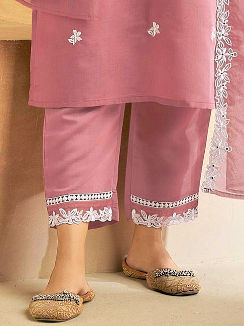 Cotton Gota Lace & Thread Embroidered Kurta Pant & Dupatta