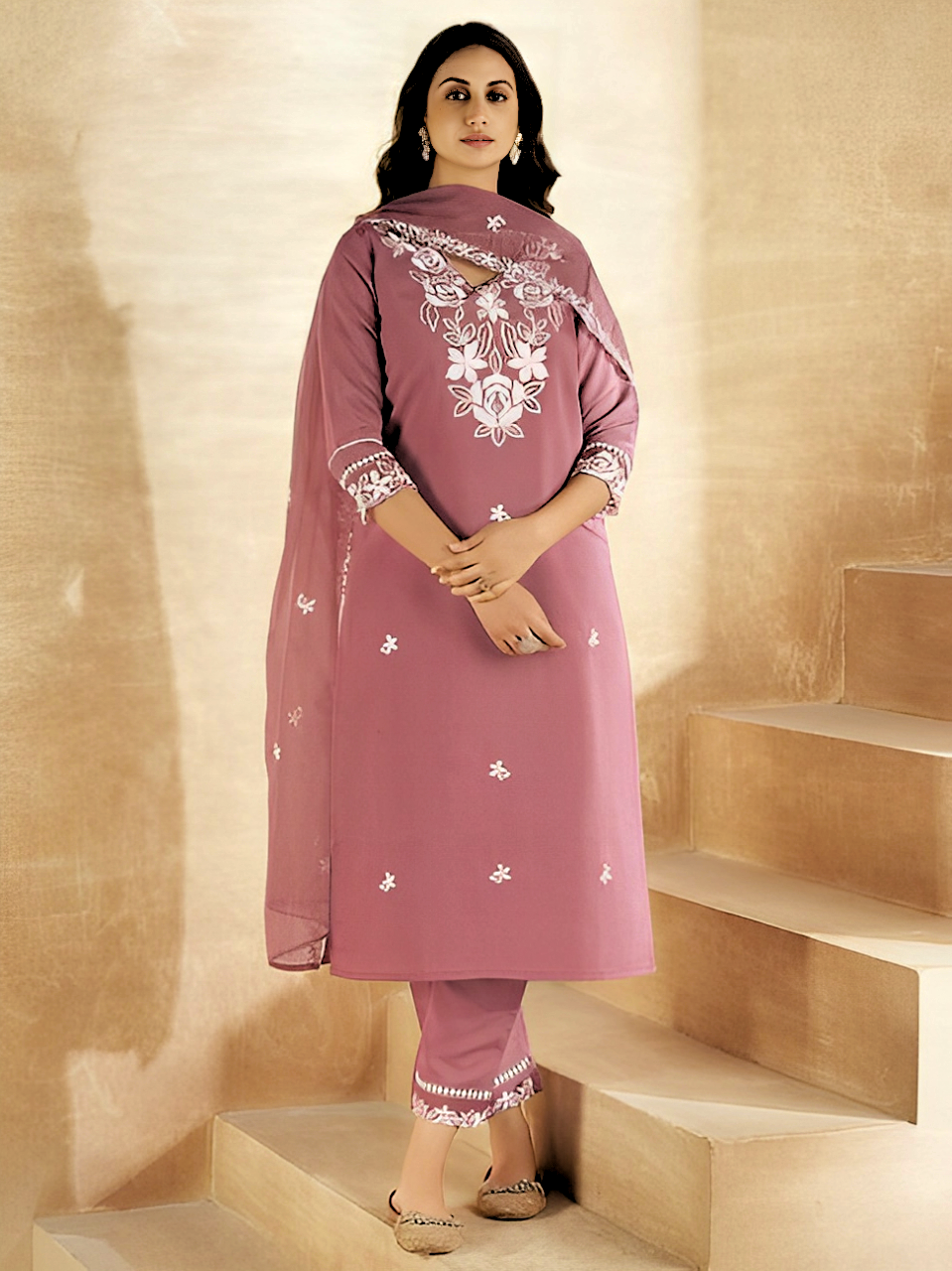 Cotton Gota Lace & Thread Embroidered Kurta Pant & Dupatta