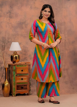 Multicolored Cotton Printed A- Line Slit  Kurta Pant Set