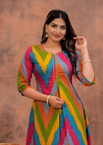 Multicolored Cotton Printed A- Line Slit  Kurta Pant Set