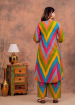 Multicolored Cotton Printed A- Line Slit  Kurta Pant Set