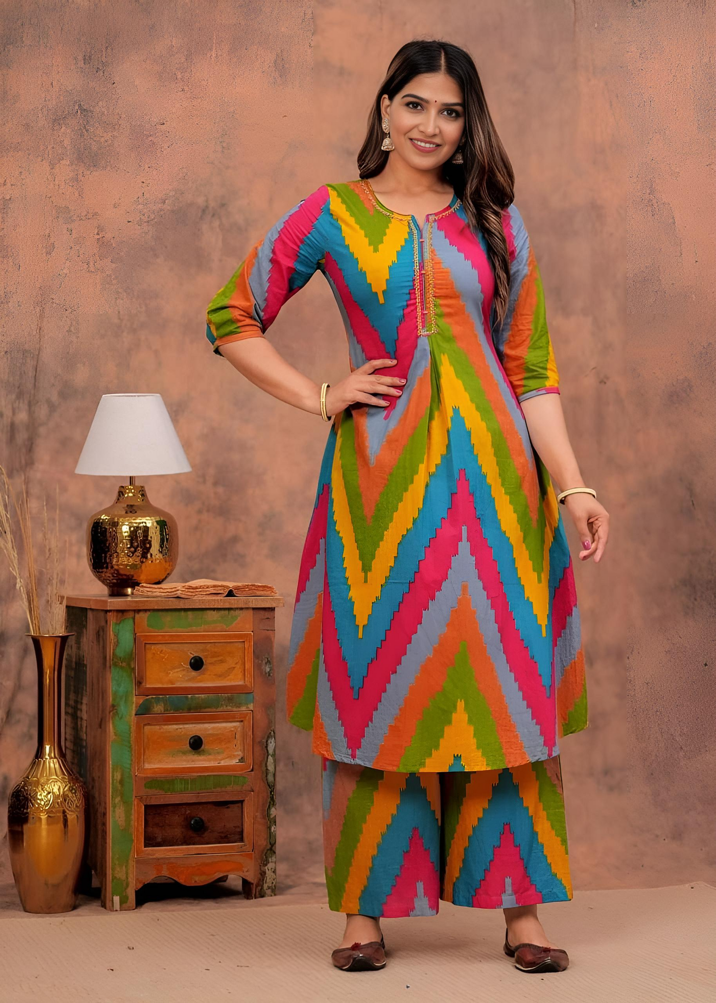 Multicolored Cotton Printed A- Line Slit  Kurta Pant Set