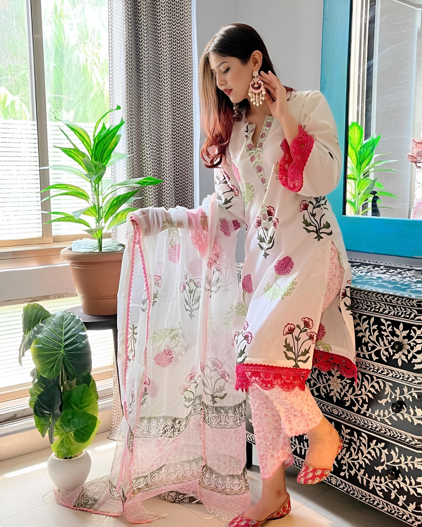 Cotton Printed & Lace Work Kurta Pant & Dupatta