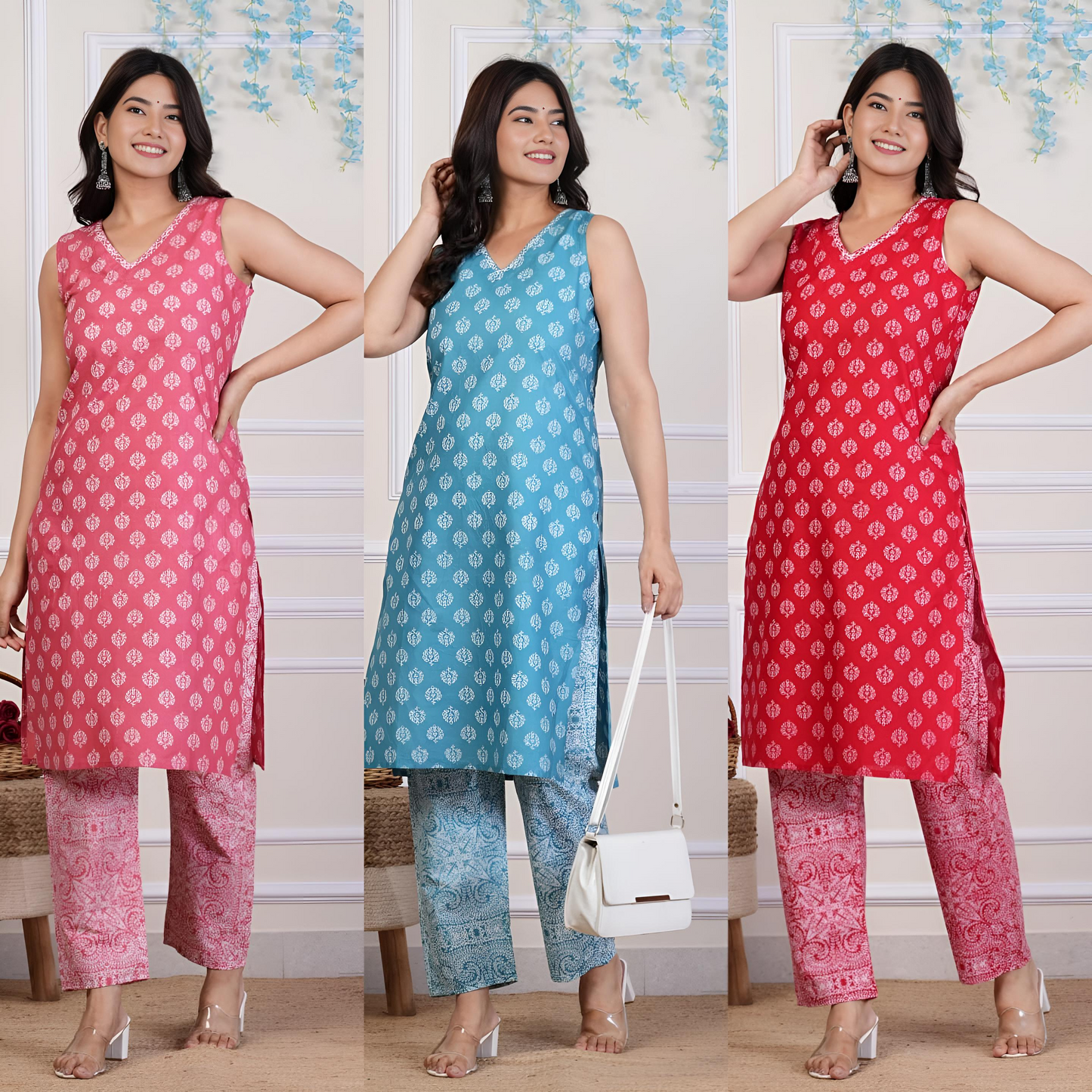 Cotton Sleeve Less Printed & Katha Work Kurta Pant Set  (6 Colors)