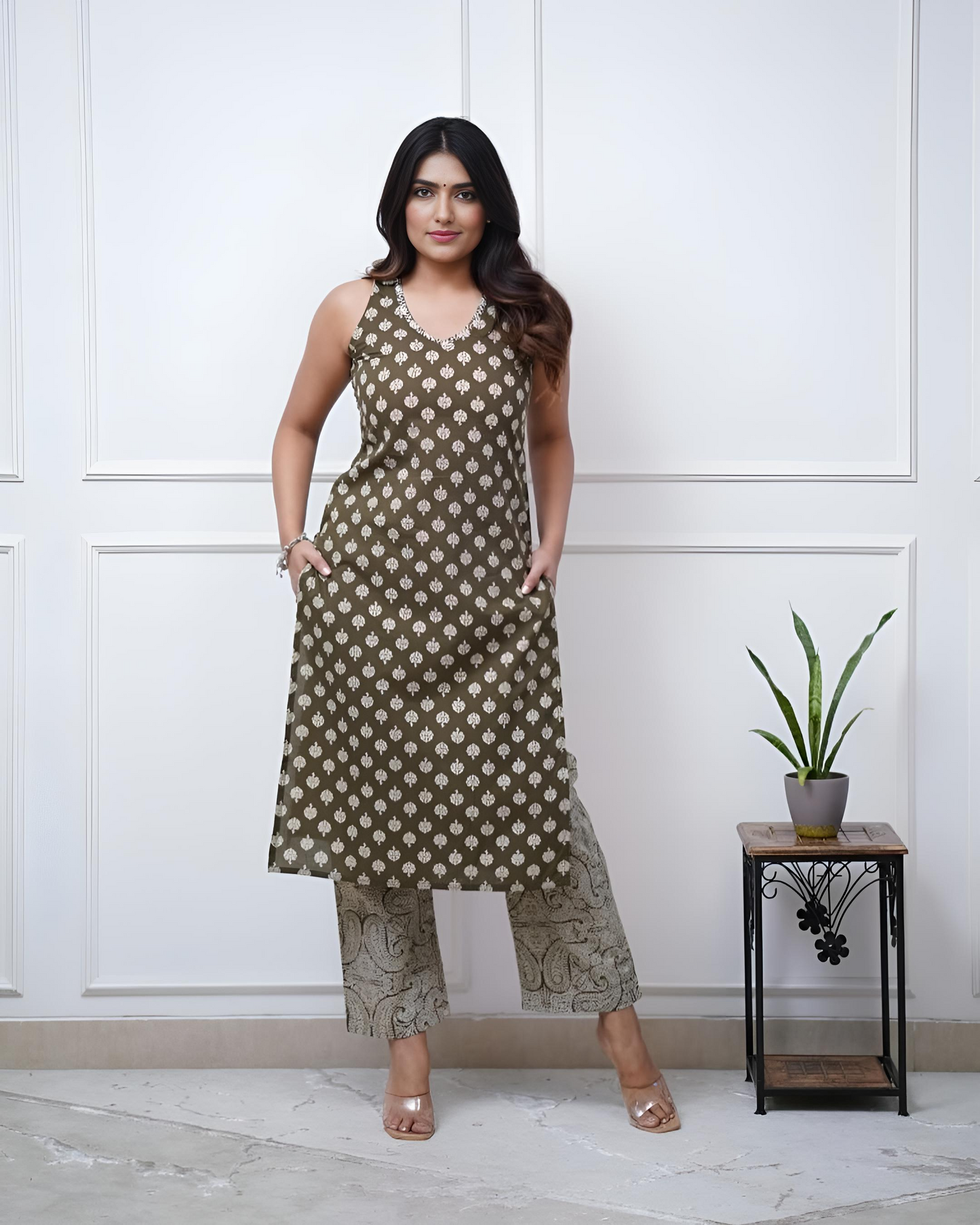 Cotton Sleeve Less Printed & Katha Work Kurta Pant Set  (6 Colors)