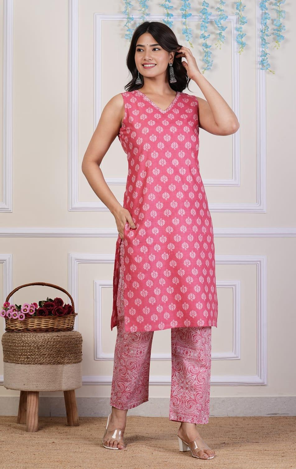 Cotton Sleeve Less Printed & Katha Work Kurta Pant Set  (6 Colors)