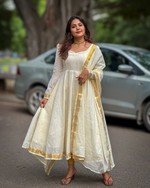 South Silk Traditional Cream and Golden Onam Cotton Anarkali Suit