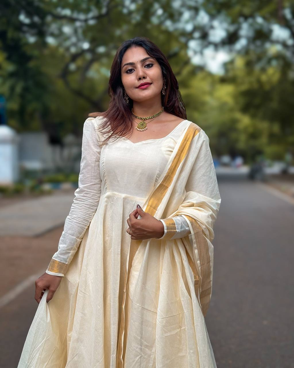 South Silk Traditional Cream and Golden Onam Cotton Anarkali Suit