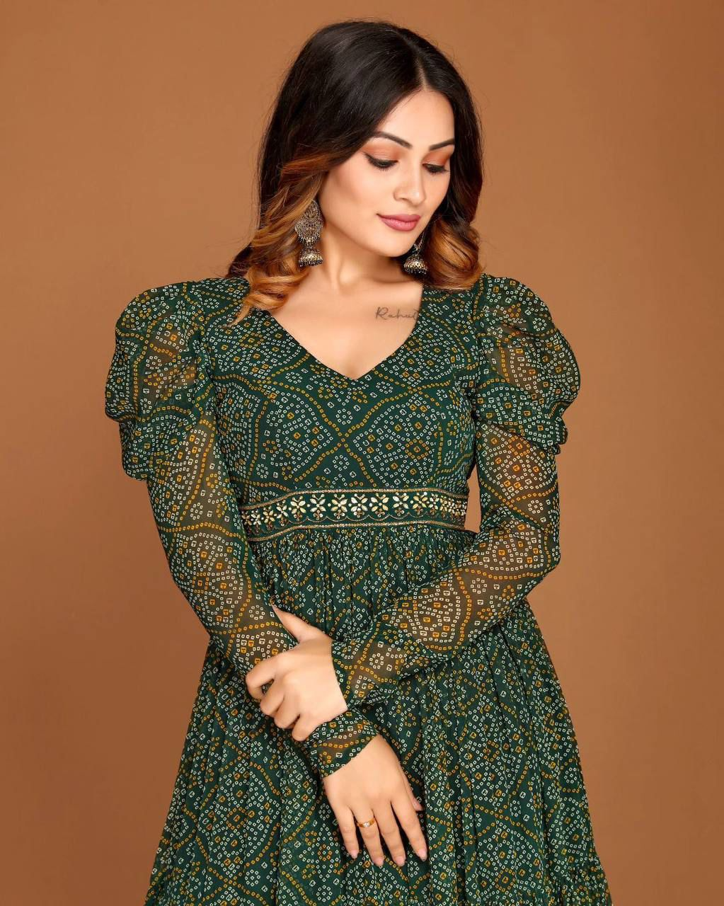 Green Georgette  Bandhej Printed Maxi Dress With Belt