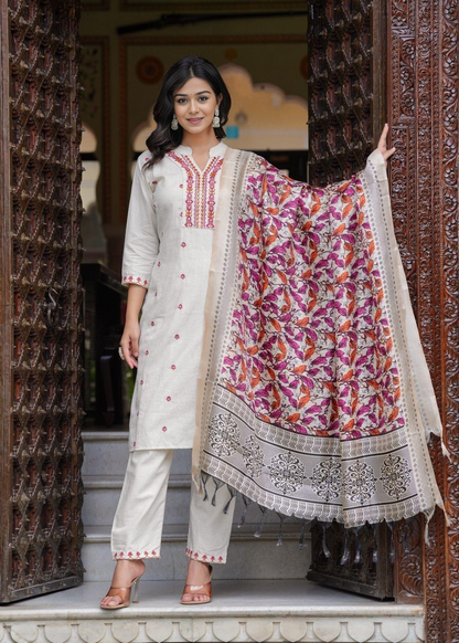 Cotton  Flex Embroidered  Kurti Pant & Khadi Silk Chanderi Printed Dupatta (2 Colors)