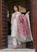 Cotton  Flex Embroidered  Kurti Pant & Khadi Silk Chanderi Printed Dupatta (2 Colors)